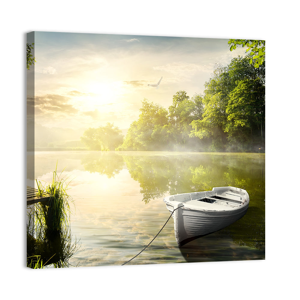 Rowboat at Misty Dock Wall Art, canvas print, square