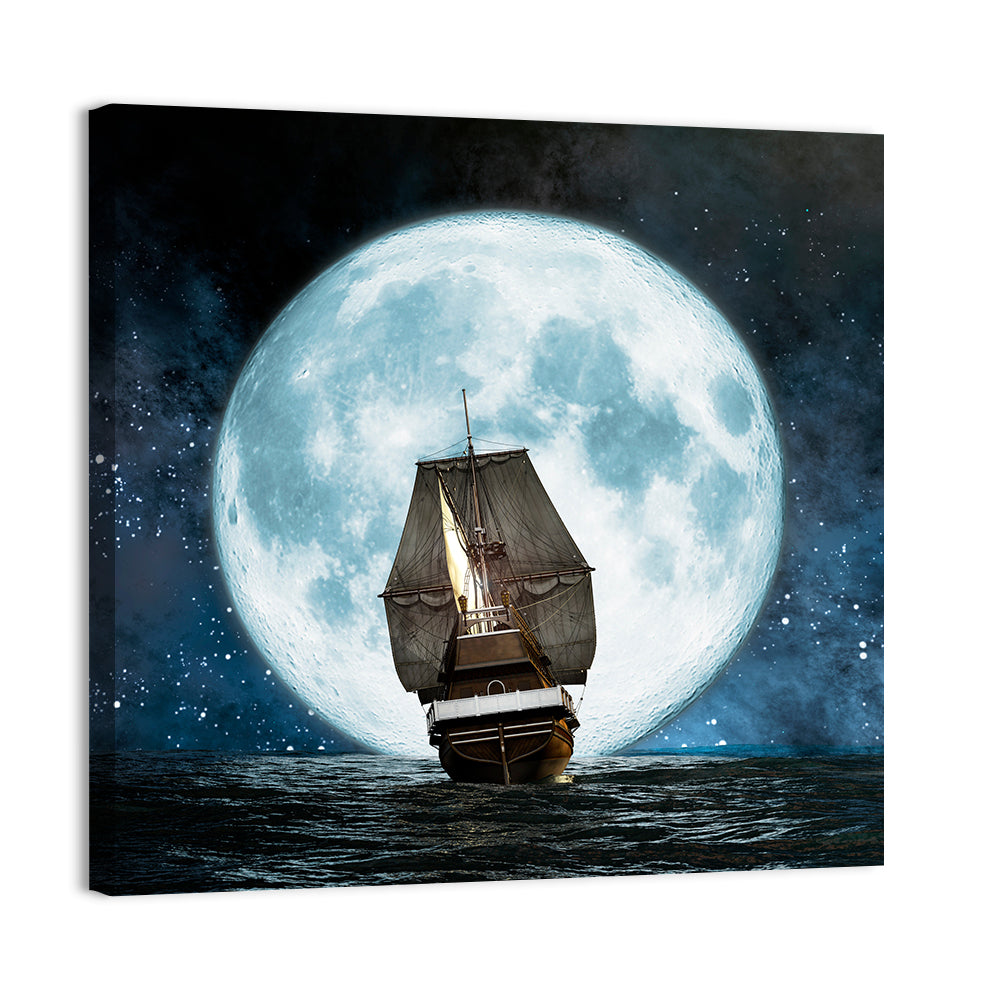 Sea Boat Under Moon Wall Art