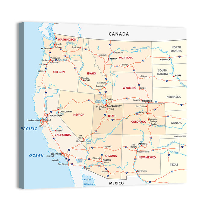 Western United States Map Wall Art as a canvas print