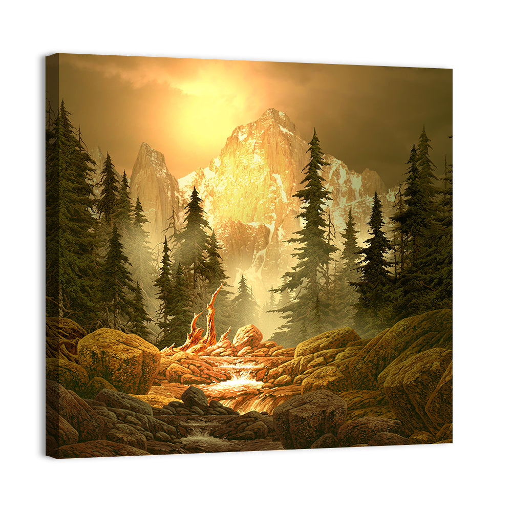Rockies Mountain Stream at Golden Hour Wall Art, canvas print, square