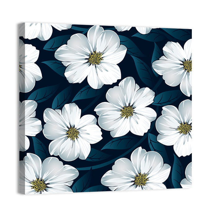 White Flowers on Navy Pattern Wall Art as a canvas print