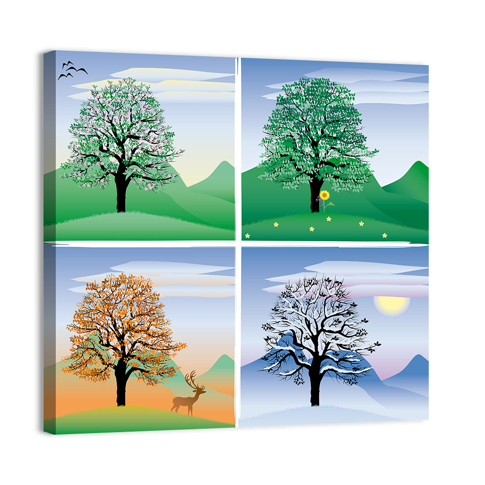 Four Seasons Tree Quadrants Wall Art, canvas print, square