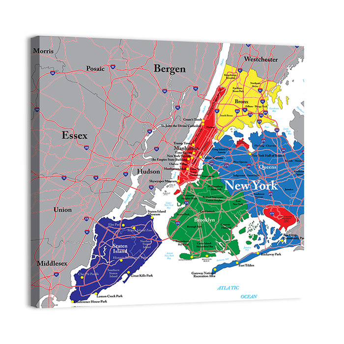 Color-coded New York City Map Wall Art as a canvas print