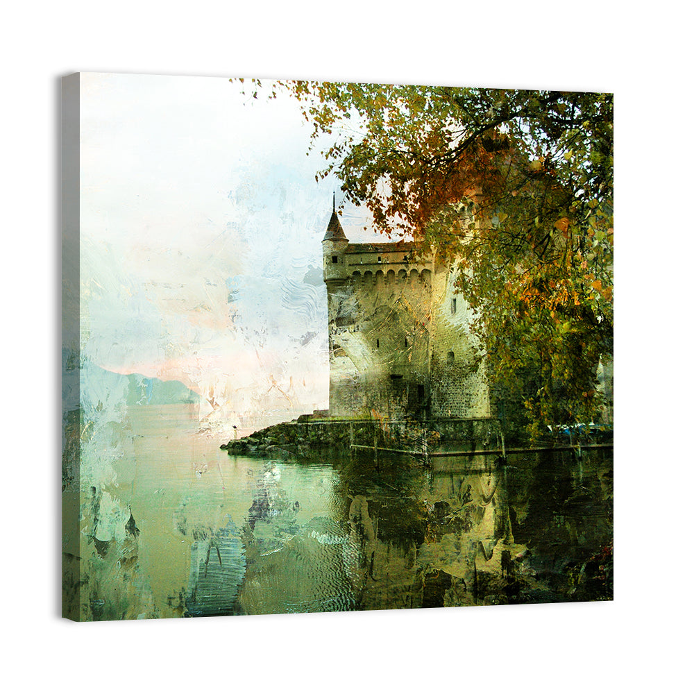 Chillon Castle Reflection Wall Art, canvas print, square