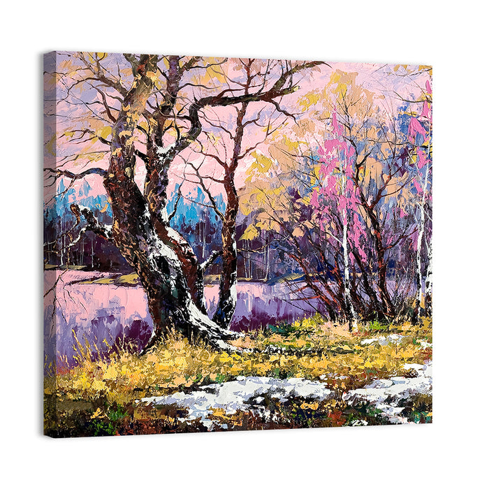 Autumn Lakeshore with Pink Foliage Wall Art as a canvas print
