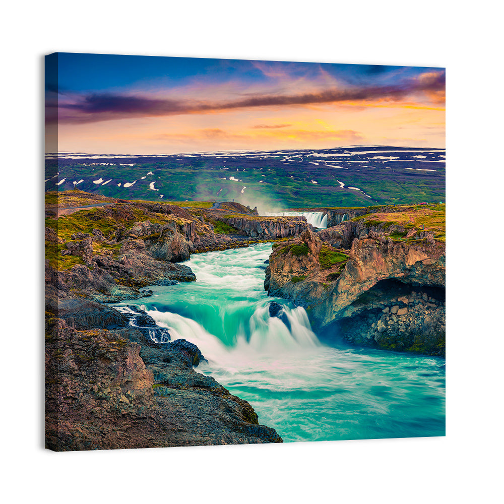 Godafoss Sunset Cascade Wall Art, canvas print, square