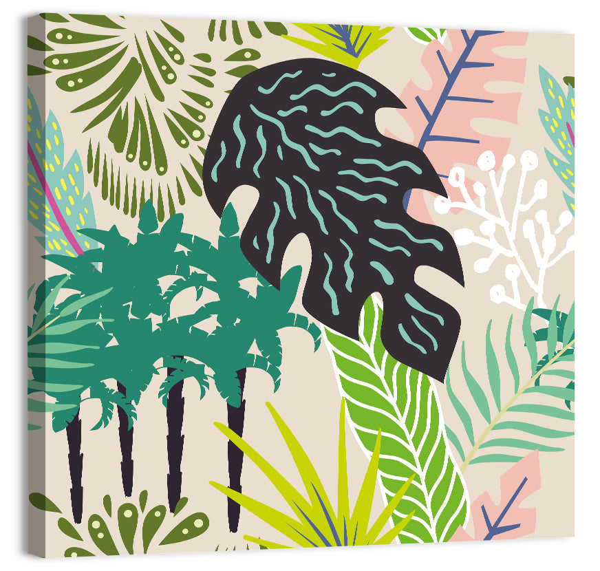 Leaves and Palm Trees Abstract Wall Art, canvas print, square