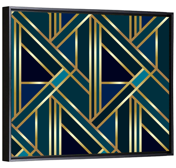Blue and Gold Geometric Pattern Wall Art as a framed canvas