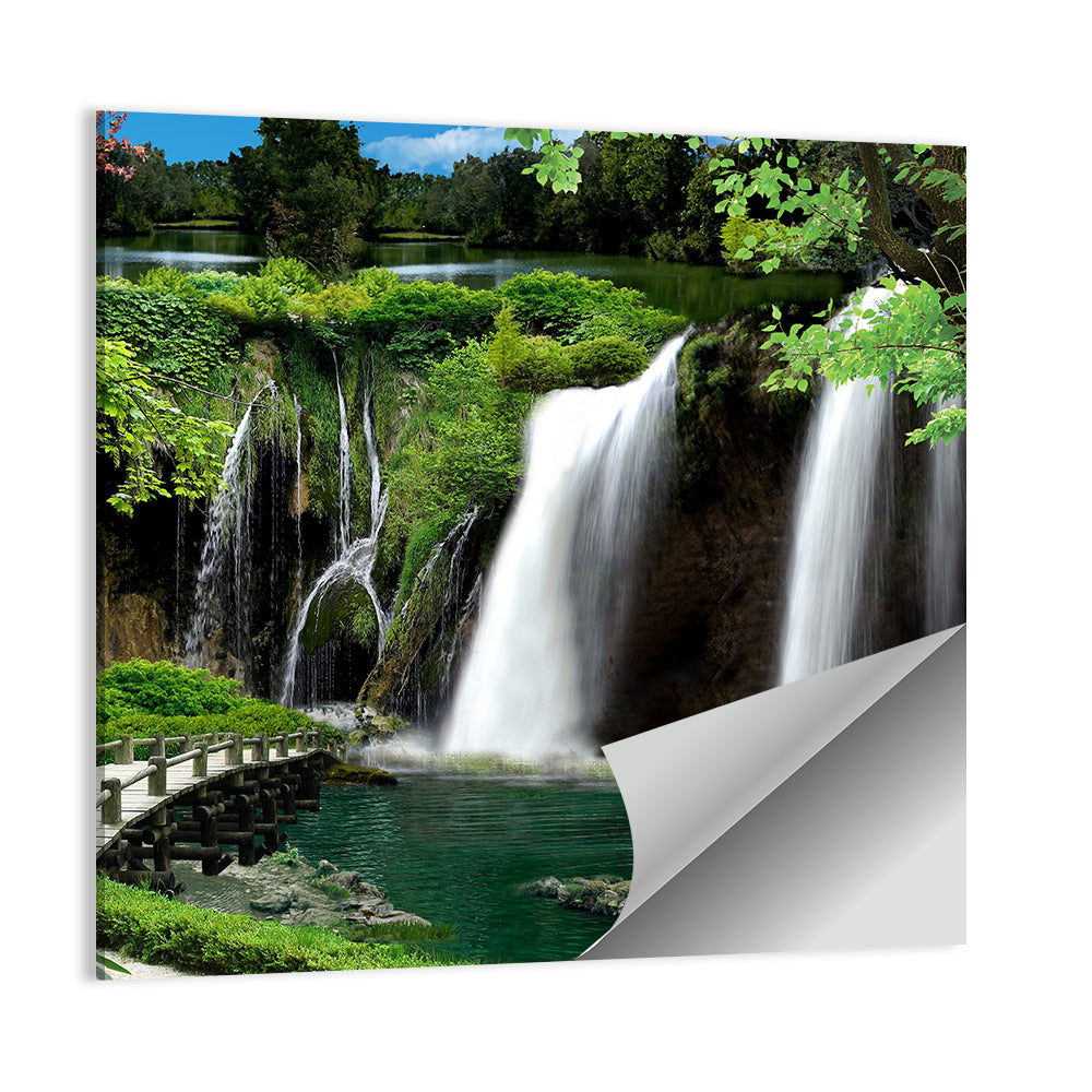 Wooden Bridge and Forest Waterfall Wall Art