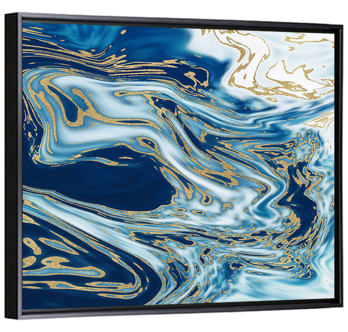 Blue Marble with Gold Veins Wall Art as a framed canvas