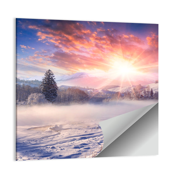 Sunrise Over Snowy Mountain Village Wall Art as a poster print