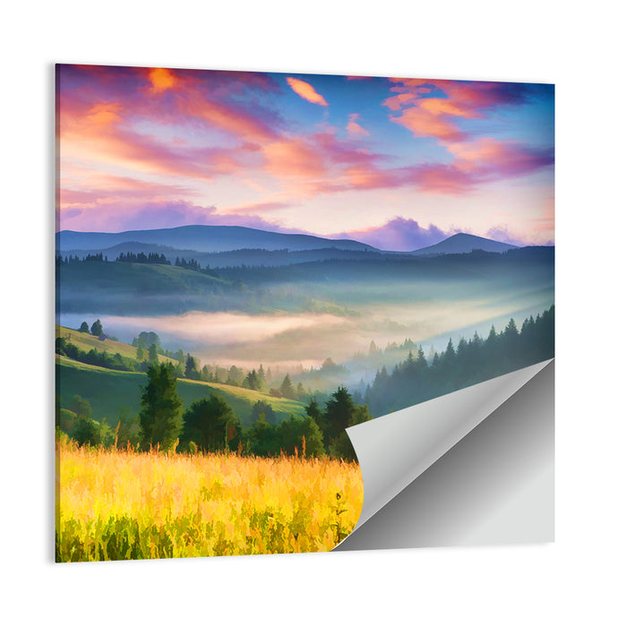 Sunrise Mist Over Mountain Meadow Wall Art as a poster print