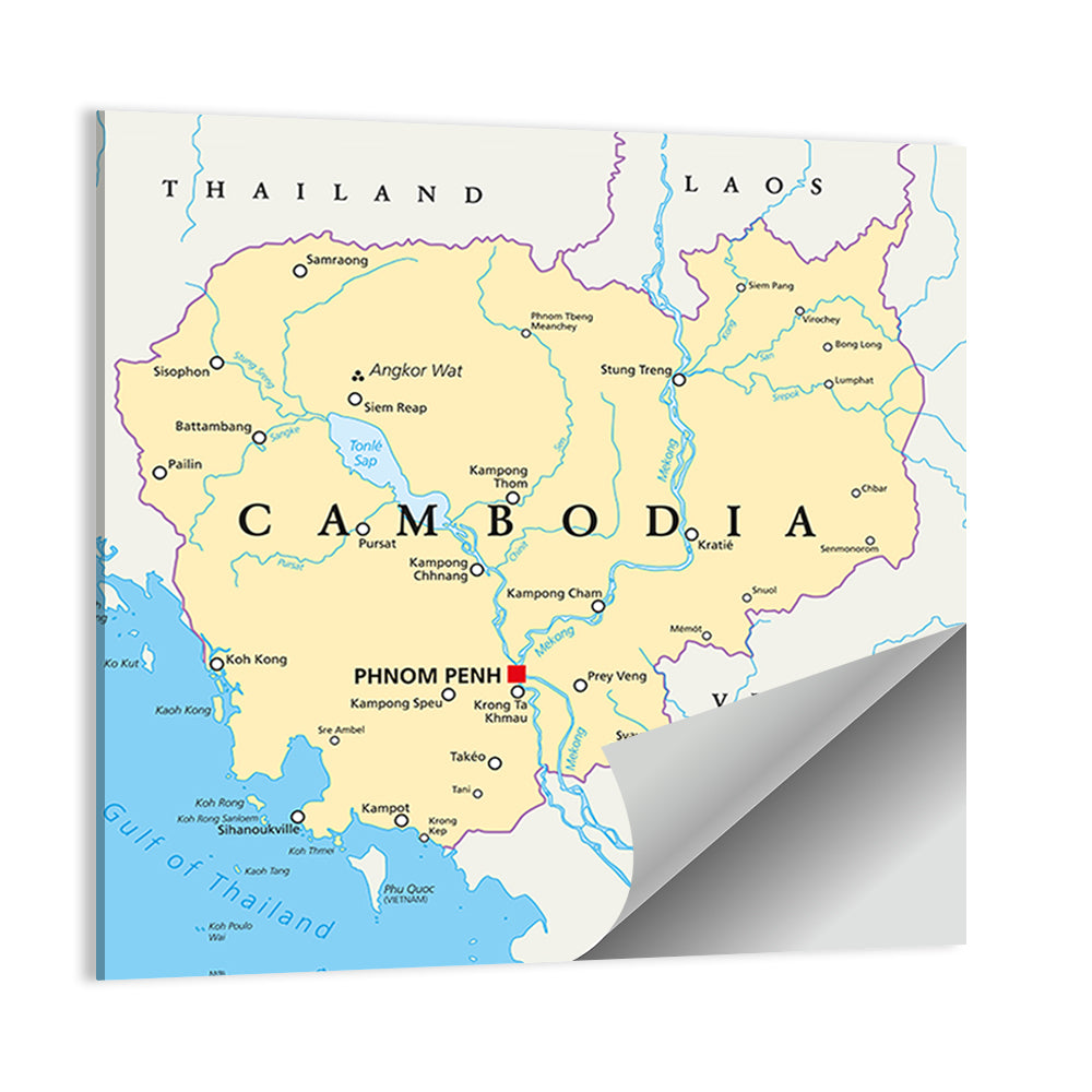 Cambodia Political Map Wall Art