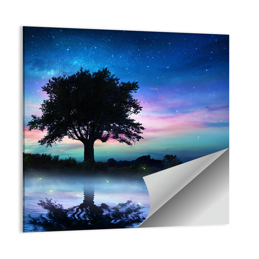 Starry Night With Lonely Tree Wall Art