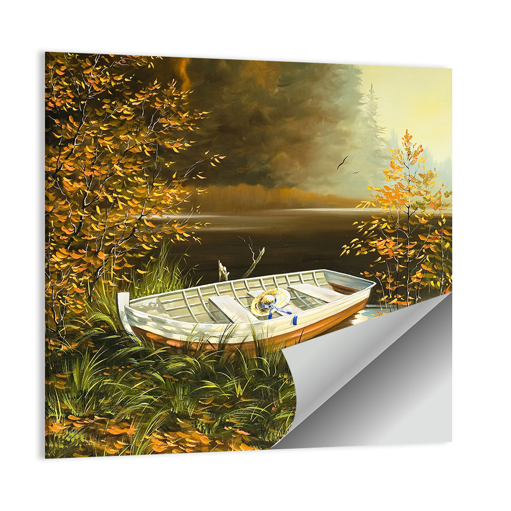 Wooden Boat On Bank Of Lake Wall Art