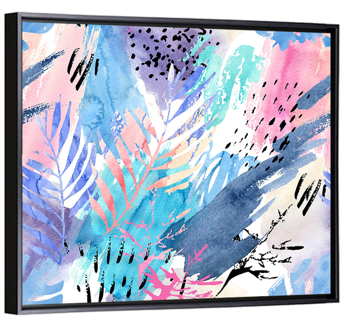 Palm Leaf Watercolor Collage Wall Art as a framed canvas