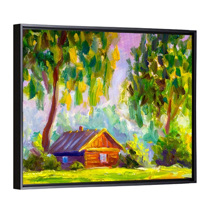 Impressionist Log Cabin in Green Forest Wall Art as a framed canvas