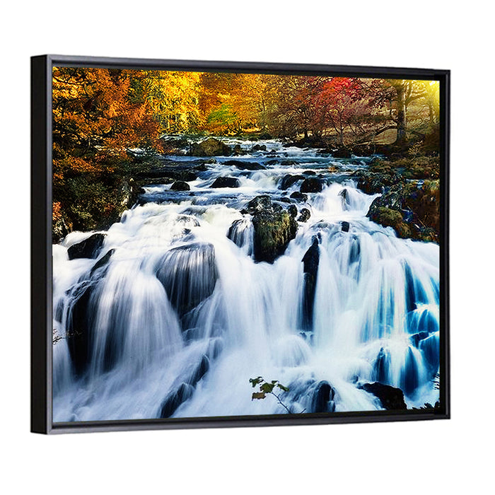 Mossy Autumn Forest Waterfall Wall Art as a framed canvas