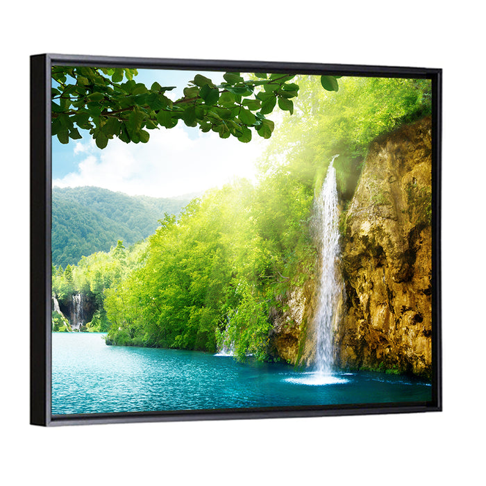 Plitvice Lakes Forest Waterfall Wall Art as a framed canvas