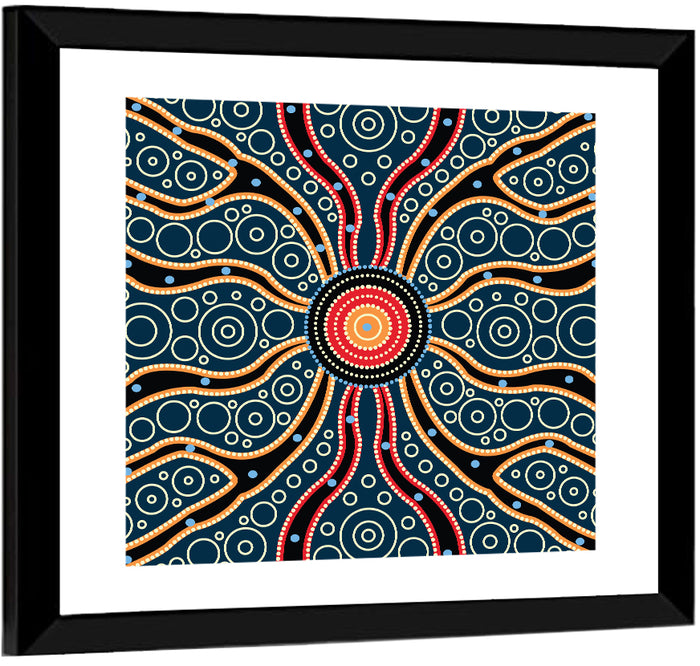 Concentric Dot Sunburst Illustration Wall Art as a framed print