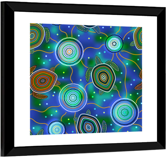 Dot Painted Sea Turtles and Jellyfish Pattern Wall Art as a framed print