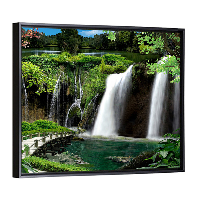 Wooden Bridge and Forest Waterfall Wall Art as a framed canvas