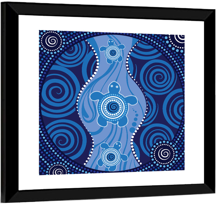 Three Sea Turtles Dot Illustration Wall Art as a framed print