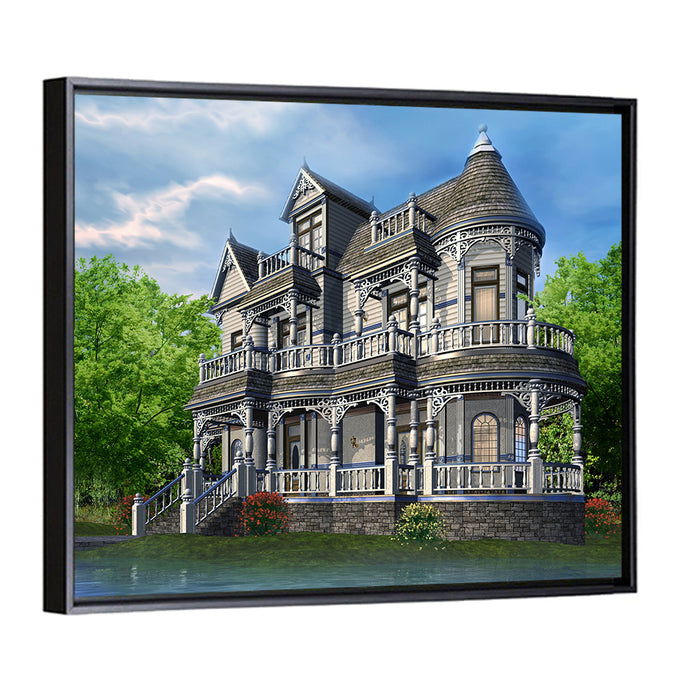 Lakeside Victorian House Wall Art as a framed canvas