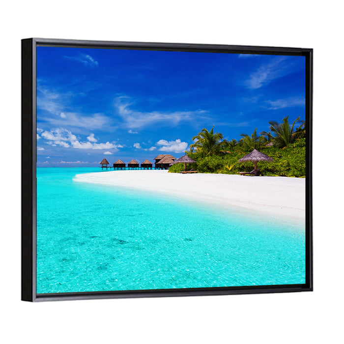 Turquoise Island with Water Bungalows Wall Art as a framed canvas