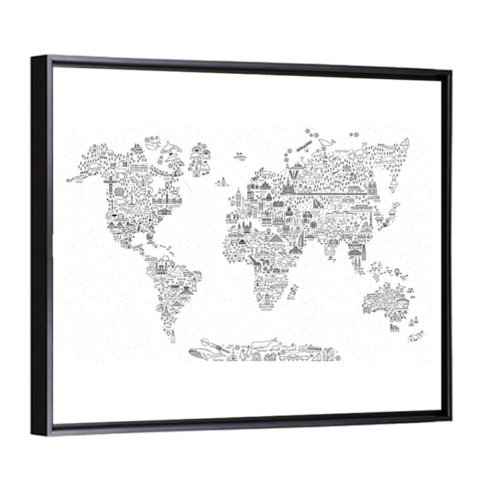 World Map of Travel Icons Wall Art as a framed canvas
