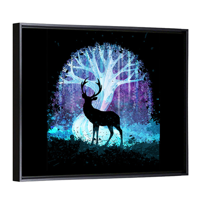 Deer Silhouette with Glowing Tree Wall Art as a framed canvas