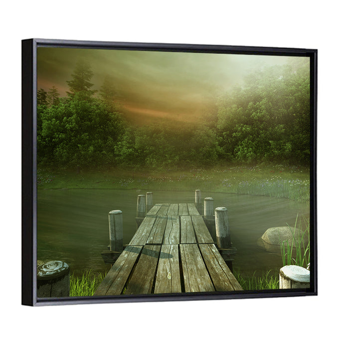 Wooden Jetty on Misty Lake Wall Art as a framed canvas
