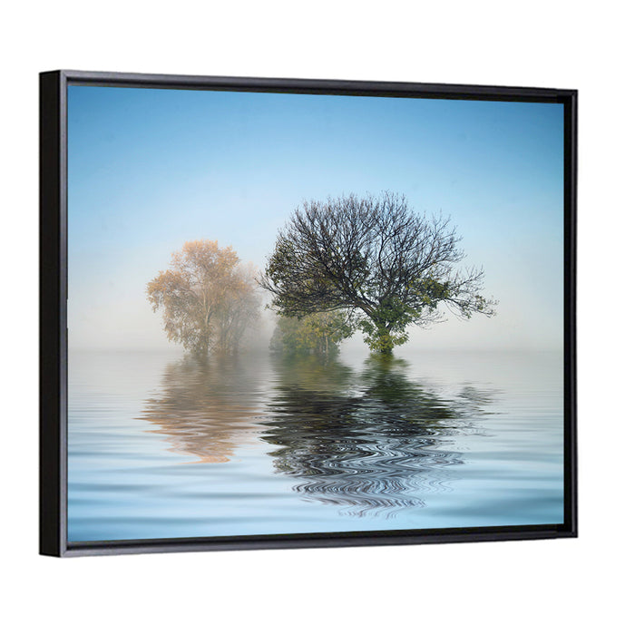 Misty Lake Reflection Wall Art as a framed canvas