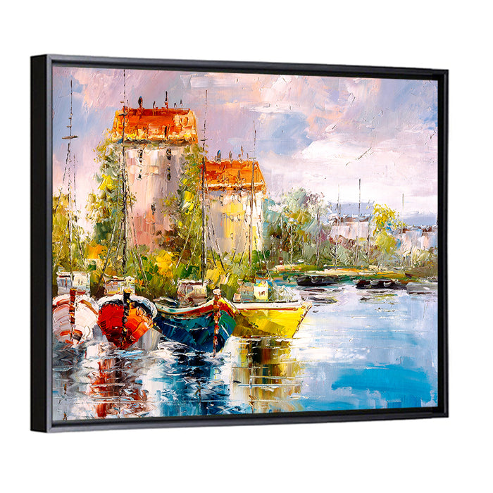 Impressionist Harbor with Colorful Boats Wall Art as a framed canvas
