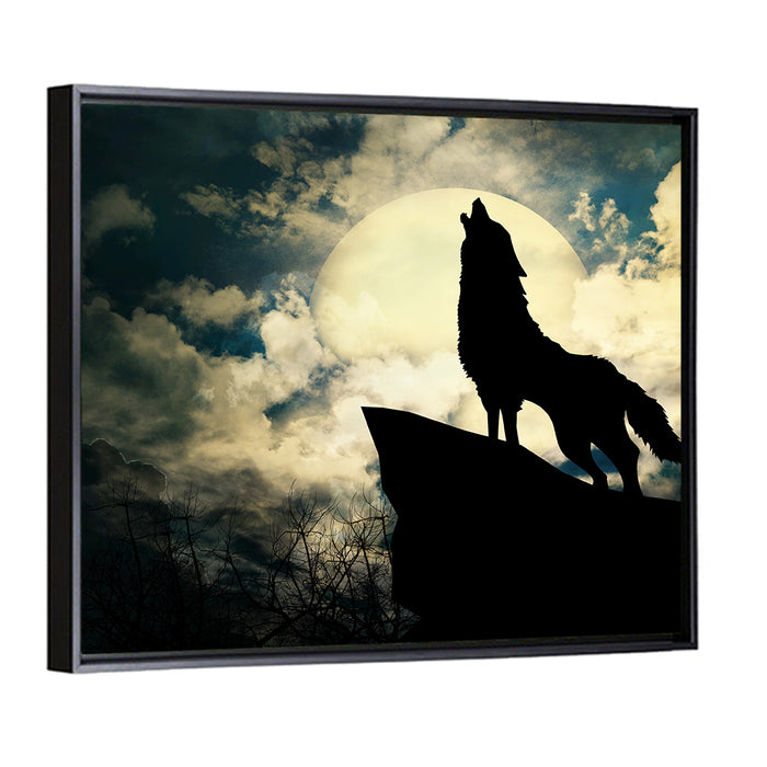 Howling Wolf Silhouette Against Full Moon Wall Art as a framed canvas