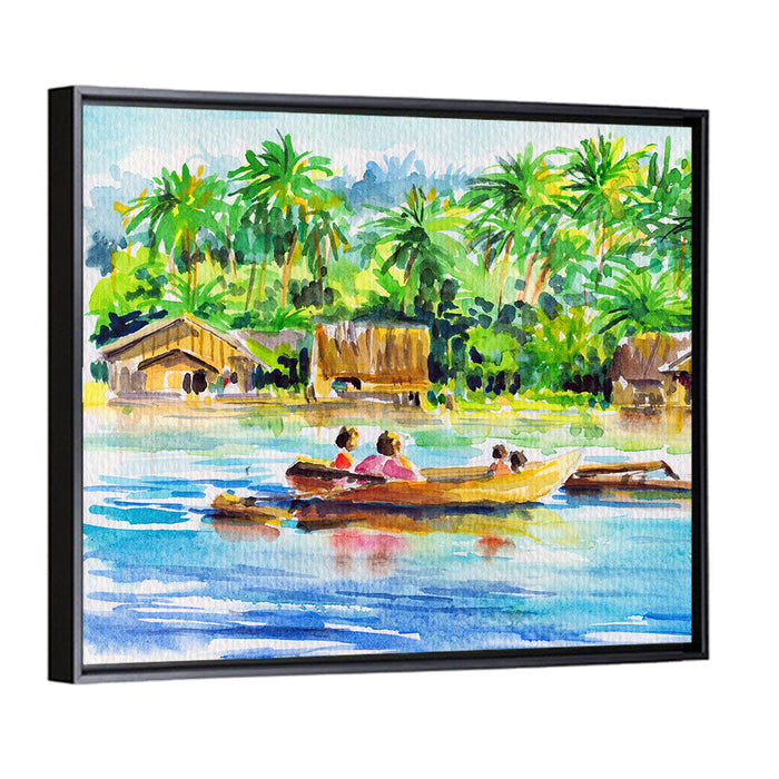 Boat in Tropical Village Wall Art as a framed canvas