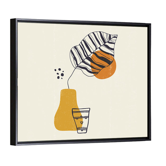 Striped Leaf Minimalist Botanical Wall Art as a framed canvas
