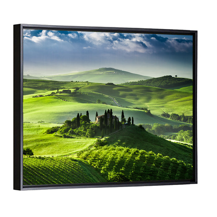 Sunrise Over San Quirico D Orcia Valley Wall Art as a framed canvas