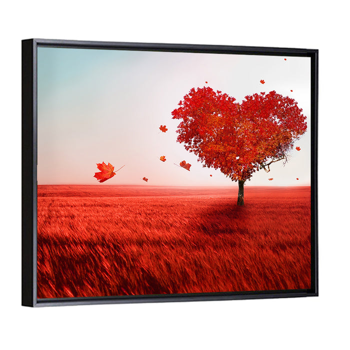 Heart-shaped Tree in Red Field Wall Art as a framed canvas