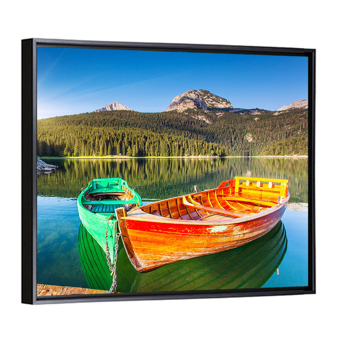 Boats at Black Lake Montenegro Wall Art as a framed canvas
