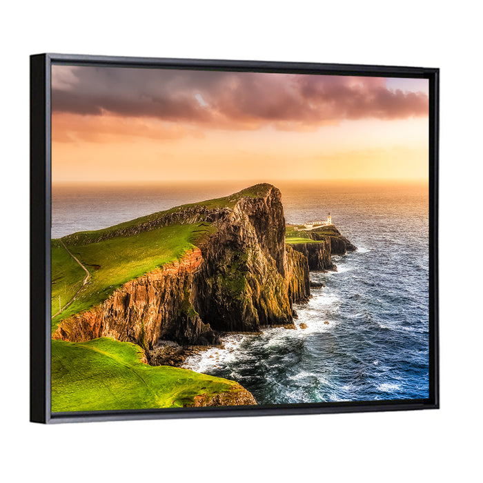 Sunset at Neist Point Lighthouse Wall Art as a framed canvas