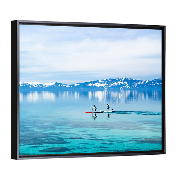 Two Paddleboarders on Mountain Lake Wall Art as a framed canvas