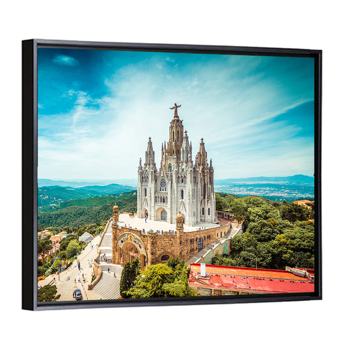 Tibidabo Church with Christ Statue Wall Art as a framed canvas