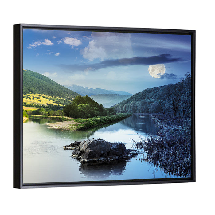 Moonlit Mountain River Wall Art as a framed canvas