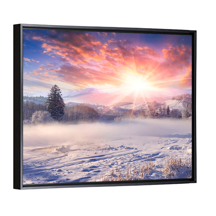 Sunrise Over Snowy Mountain Village Wall Art as a framed canvas