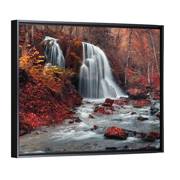 Dual Tier Autumn Forest Waterfall, Crimea Wall Art as a framed canvas
