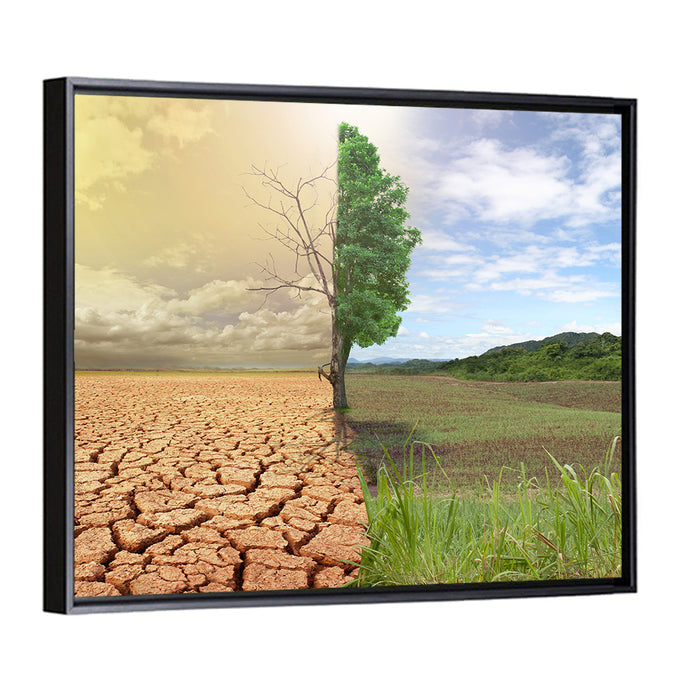 Split Landscape with Half-alive Tree Wall Art as a framed canvas