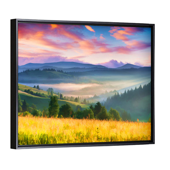 Sunrise Mist Over Mountain Meadow Wall Art as a framed canvas