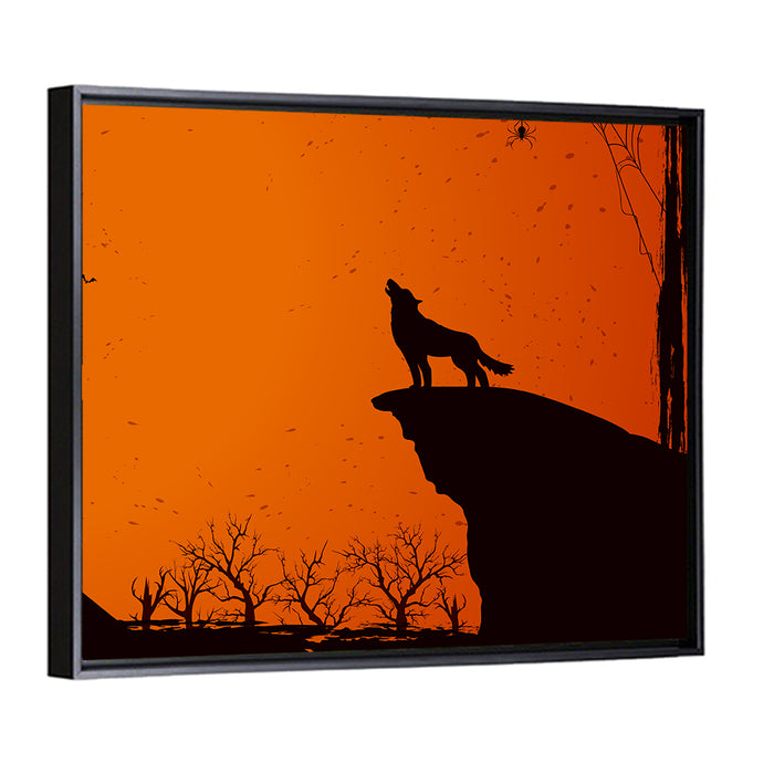 Howling Wolf Under Full Moon Wall Art as a framed canvas