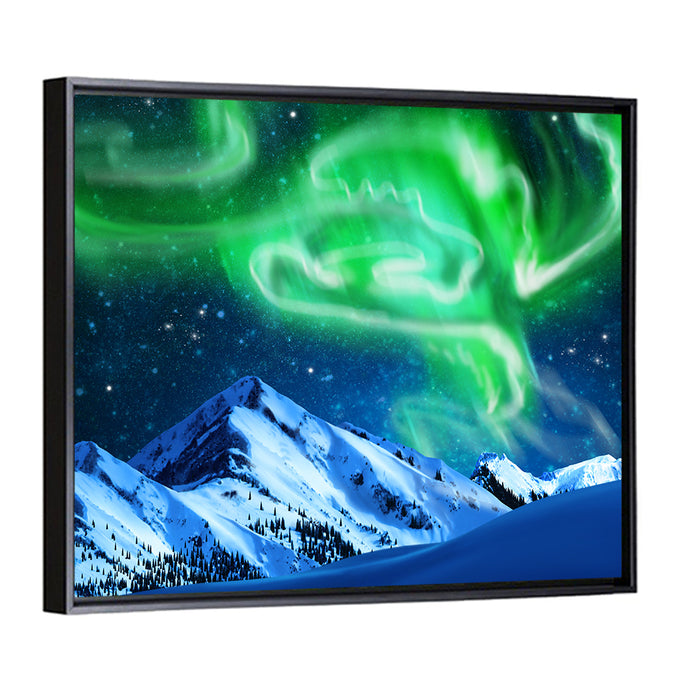 Glowing Aurora Over Snow Capped Mountains Wall Art as a framed canvas